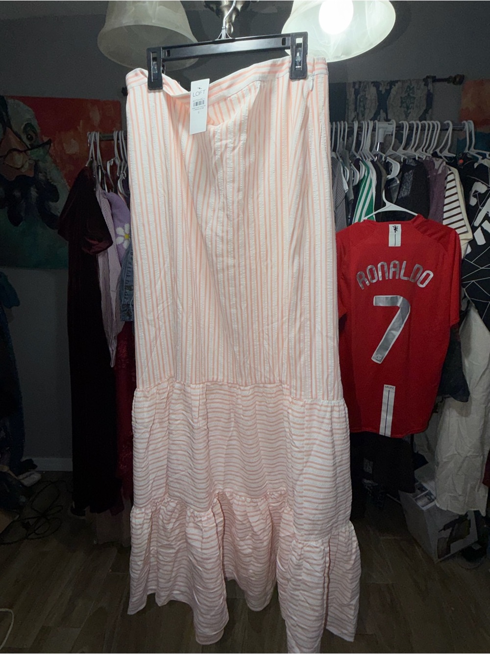 LOFT Pink and White Striped Tiered Maxi Skirt